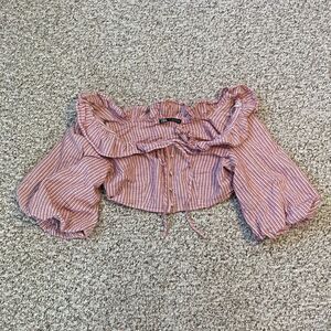 Zara Womens Striped Shirt Top Size L Button Ruffle Puff Sleeve Cropped Romantic